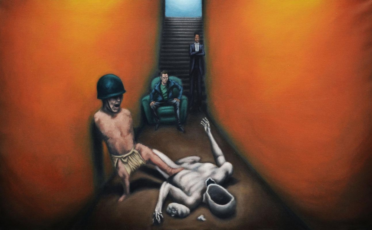 Autoportrait au règlement de compte ou les enclos sauvages, 2014, huile sur toile, 65x100 par Charlie Wellecam