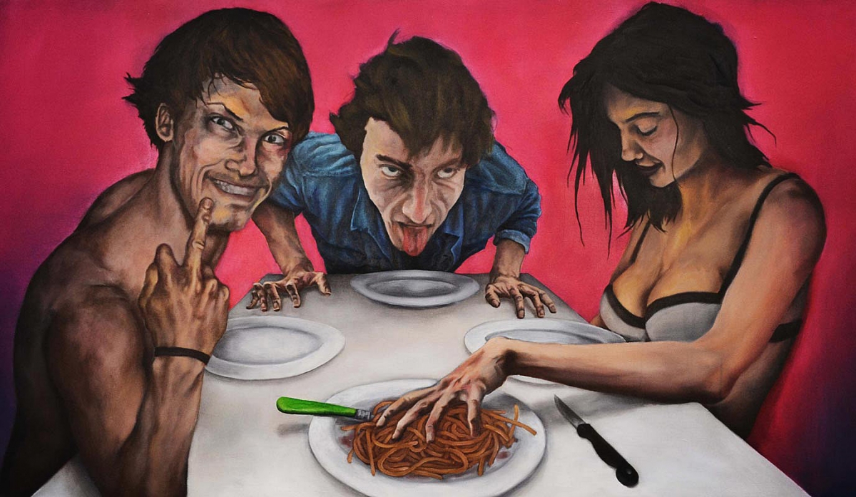 Repas entre amis, 2013, huile sur toile, 85x150 par Charlie Wellecam