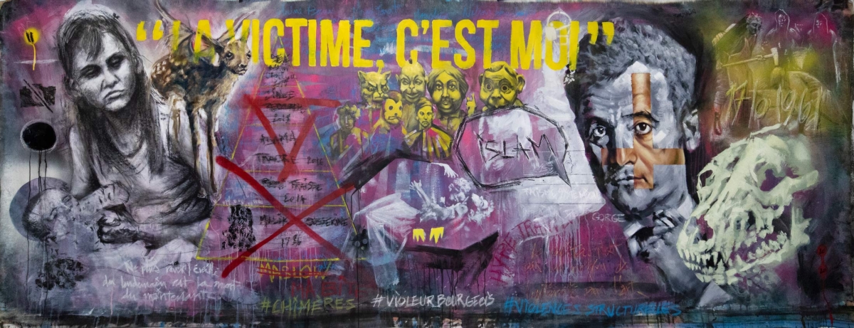 #lesrevêches n°2 : la victime, techniques mixtes sur banderole, 160x330 cm, 3 ISF par Charlie Wellecam