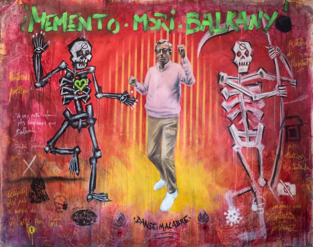 [les Revêches] N°1 : "Memento Mori Balkany !", 2020/2021, techniques mixtes sur drap, 220x280 cm. 4 ISF par Charlie Wellecam