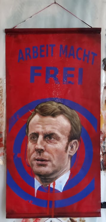 Arbeit Macron, huile sur kakemono, 65 x 33 cm, 1 ISF par Charlie Wellecam