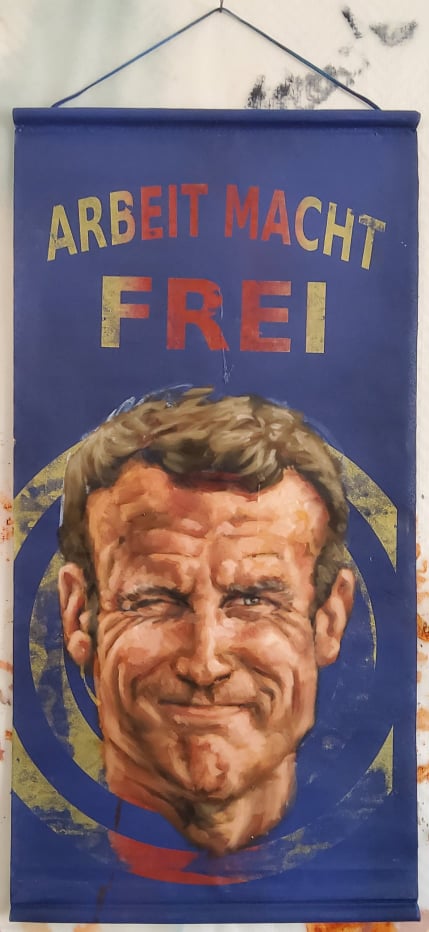 Arbeit Macron, huile sur kakemono, 65 x 33 cm, 1 ISF par Charlie Wellecam