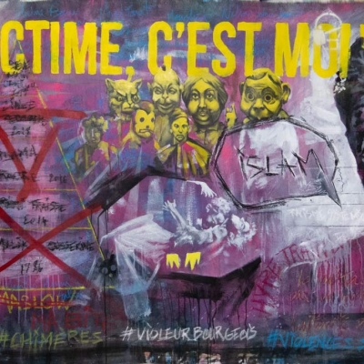 #lesrevêches n°2 : la victime, techniques mixtes sur banderole, 160x330 cm, 3 ISF par Charlie Wellecam