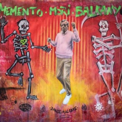 [les Revêches] N°1 : "Memento Mori Balkany !", 2020/2021, techniques mixtes sur drap, 220x280 cm. 2 ISF par Charlie Wellecam