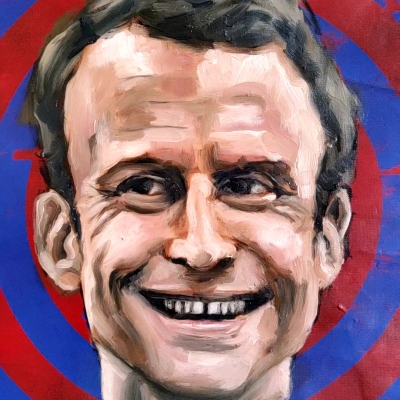 Arbeit Macron, huile sur kakemono, 65 x 33 cm, 1 ISF par Charlie Wellecam