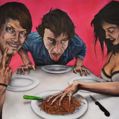 Repas entre amis, 2013, huile sur toile, 85x150 par Charlie Wellecam